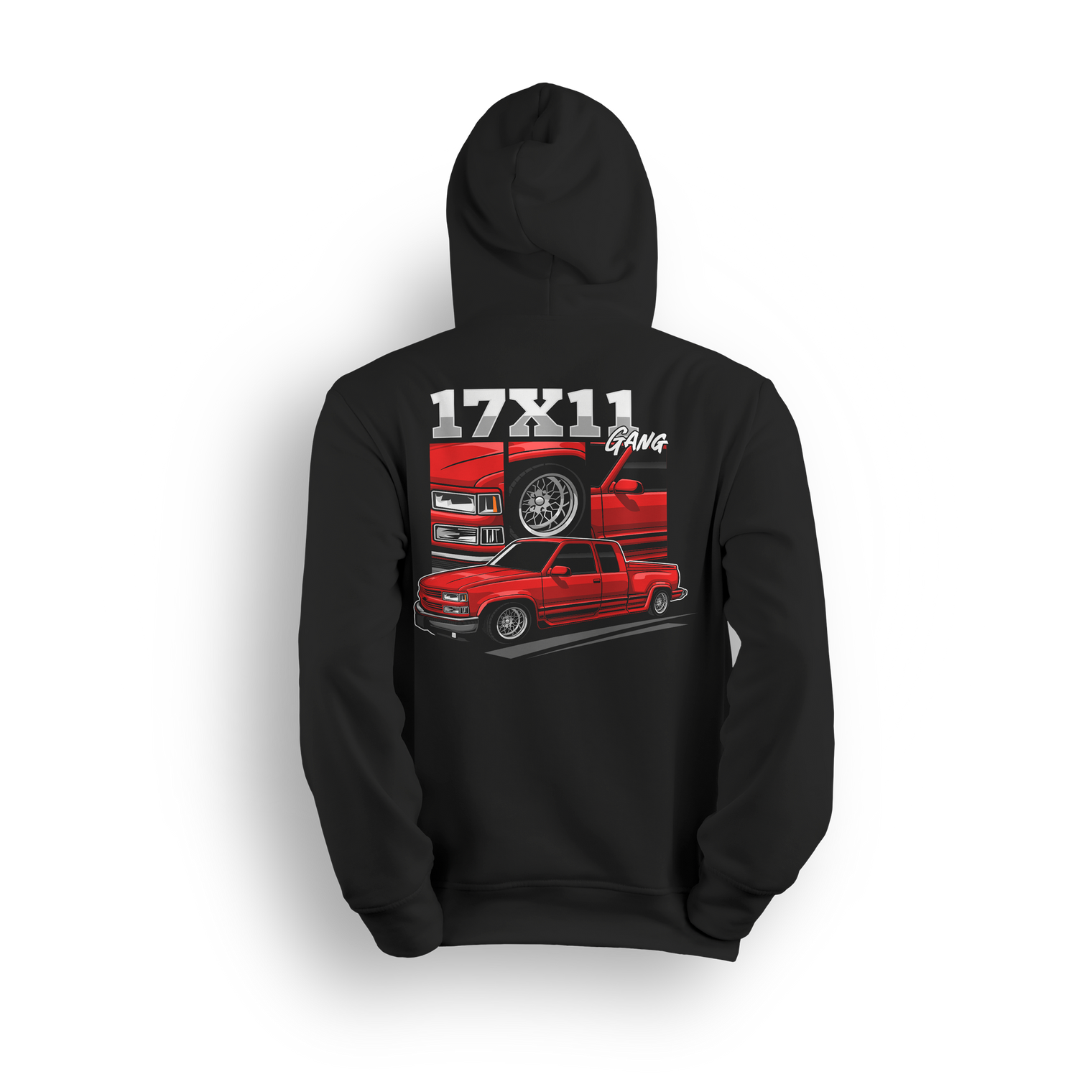 Graphic hoodie featuring a red OBS truck with 17x11 mesh wheels, front-end close-ups, and "17x11 Gang" text. Custom truck scene style design.