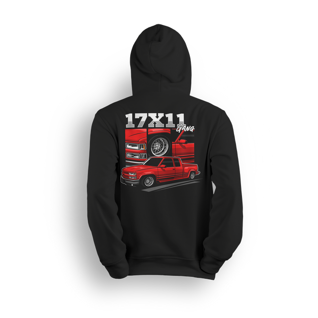 Graphic hoodie featuring a red OBS truck with 17x11 mesh wheels, front-end close-ups, and "17x11 Gang" text. Custom truck scene style design.