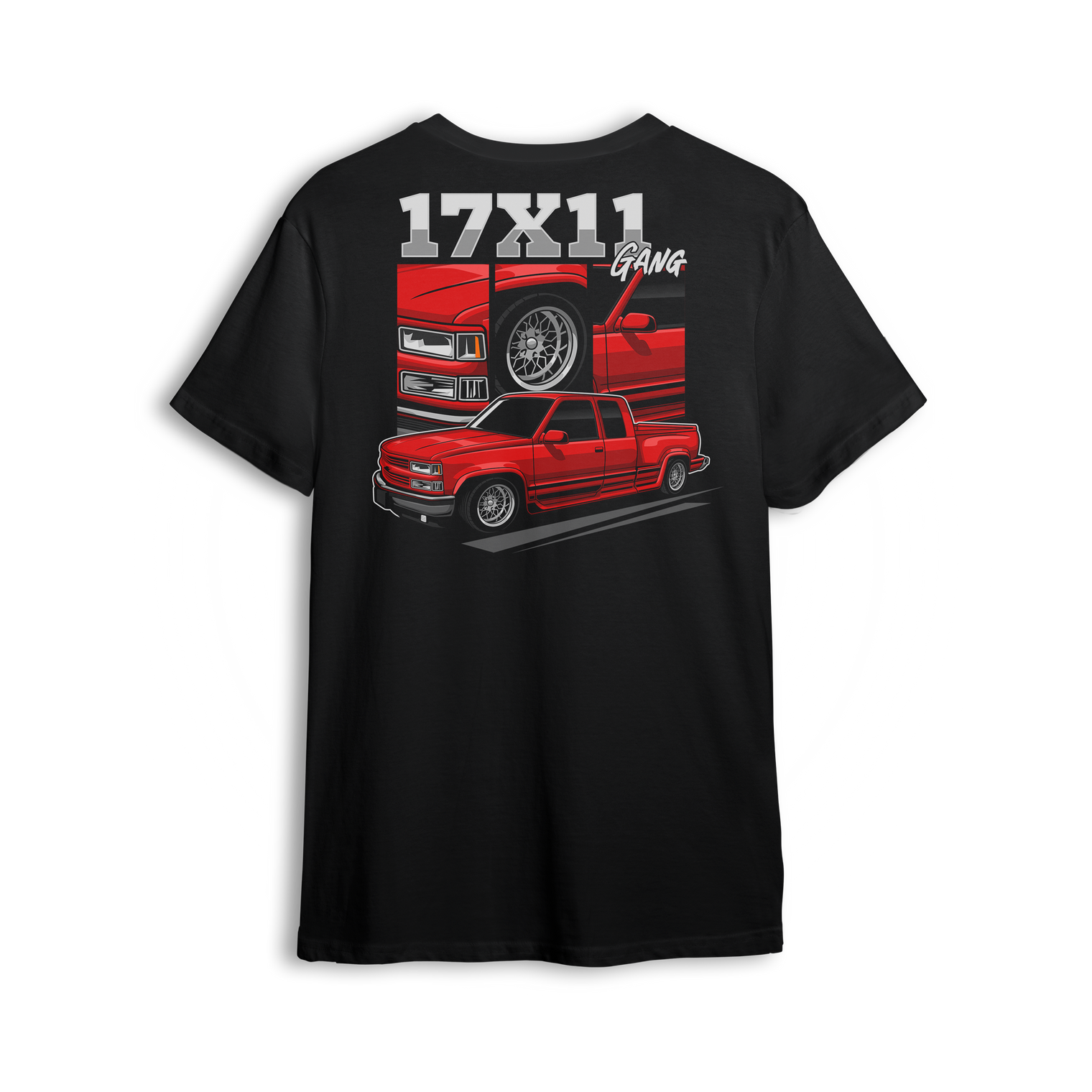 Graphic t-shirt featuring a red OBS truck with 17x11 mesh wheels, front-end close-ups, and "17x11 Gang" text. Custom truck scene style design.