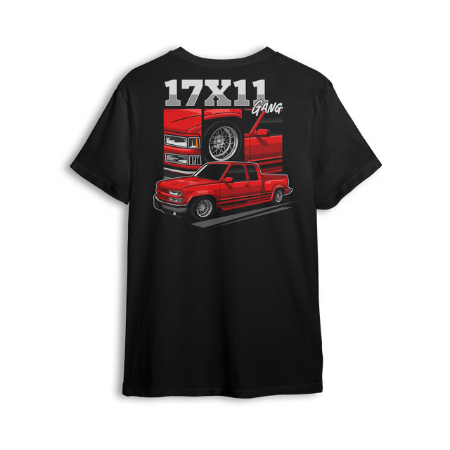 Graphic t-shirt featuring a red OBS truck with 17x11 mesh wheels, front-end close-ups, and "17x11 Gang" text. Custom truck scene style design.