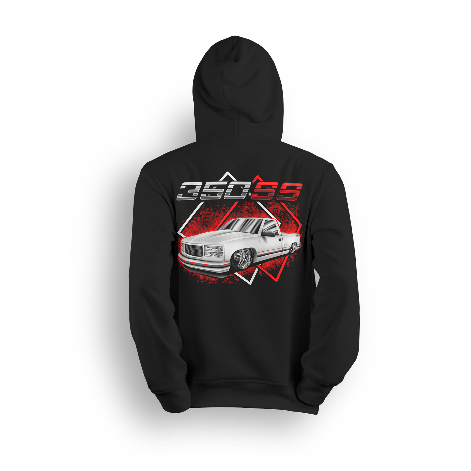 Hoodie design showing a slammed white OBS truck with billet wheels, red geometric background, and 350SS lettering. Classic Chevy sport truck graphic.