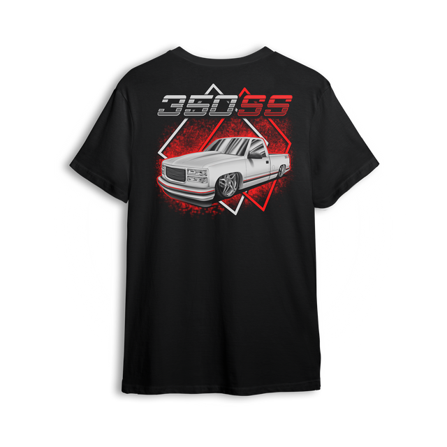 T-shirt design showing a slammed white OBS truck with billet wheels, red geometric background, and 350SS lettering. Classic Chevy sport truck graphic.