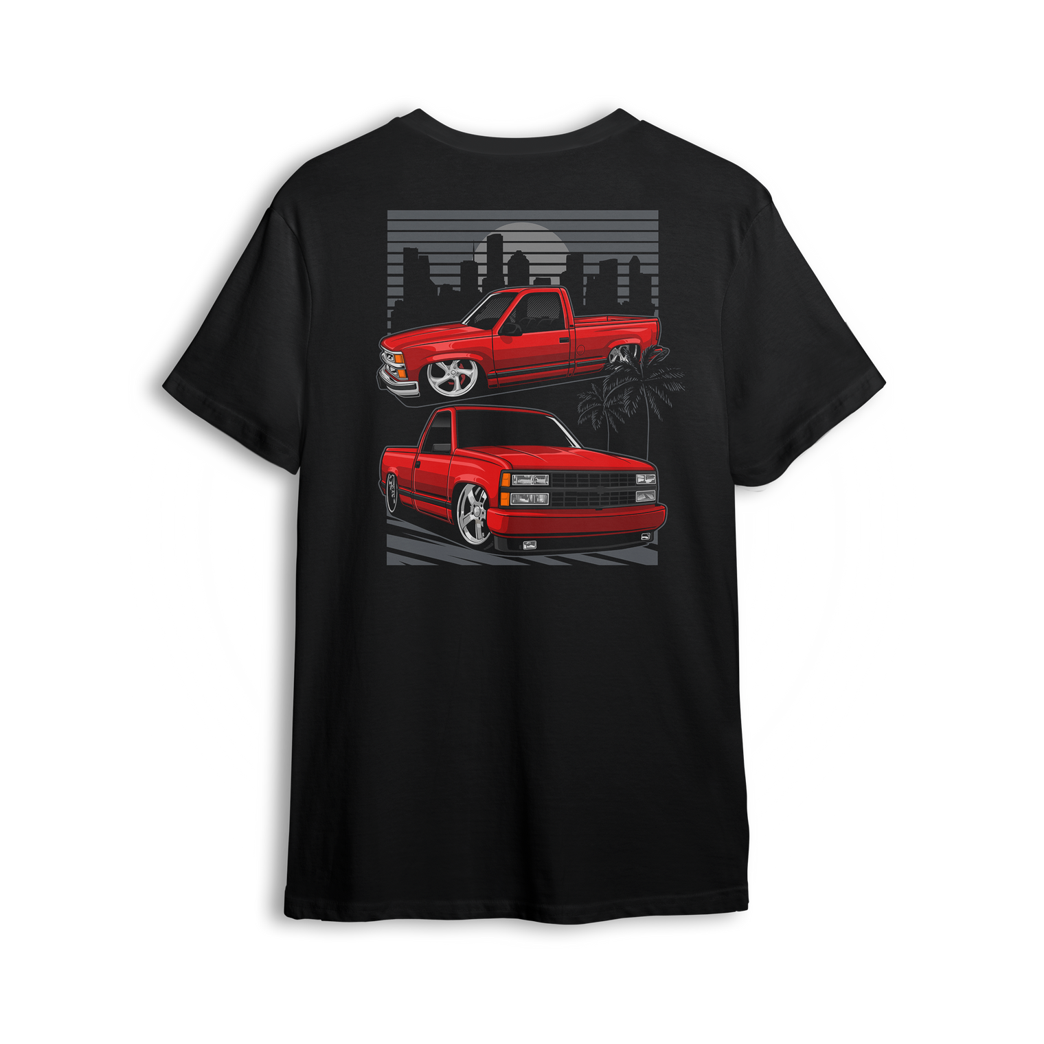 T-shirt with two red OBS trucks, city skyline, palm trees, and low stance. Design captures the sunset cruise truck scene.