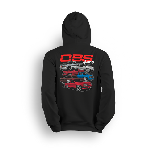 Hoodie design showing five stacked OBS Chevy trucks in various colors and styles with "OBS Gang" text. Perfect for custom truck fans.