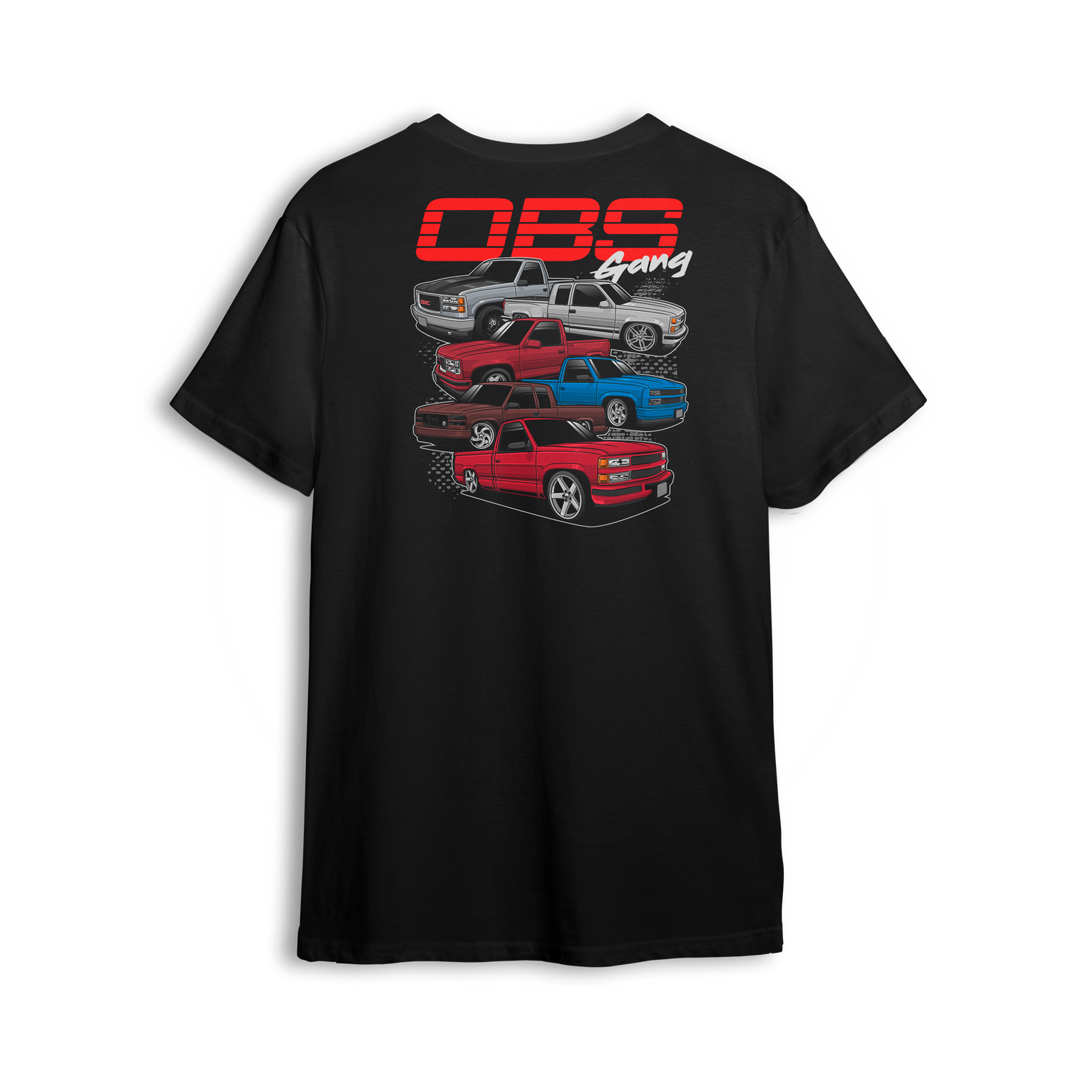 T-shirt design showing five stacked OBS Chevy trucks in various colors and styles with "OBS Gang" text. Perfect for custom truck fans.