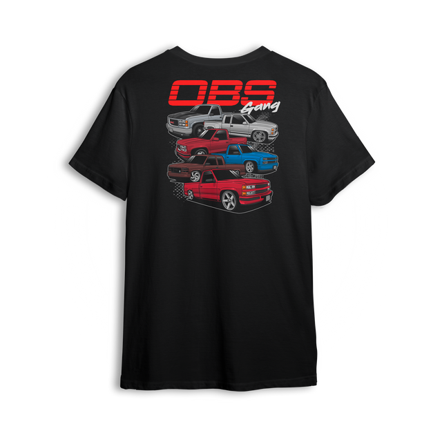 T-shirt design showing five stacked OBS Chevy trucks in various colors and styles with "OBS Gang" text. Perfect for custom truck fans.
