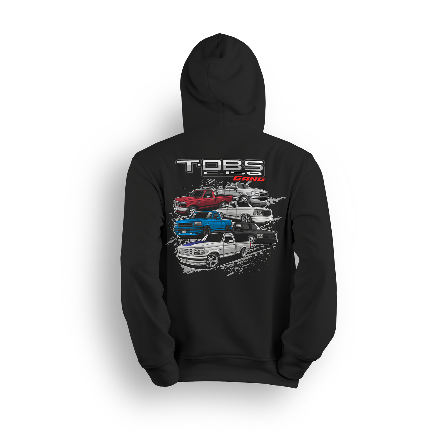 Hoodie featuring five stacked OBS trucks in red, blue, black, silver, and white with TOBS Gang text over grunge background.