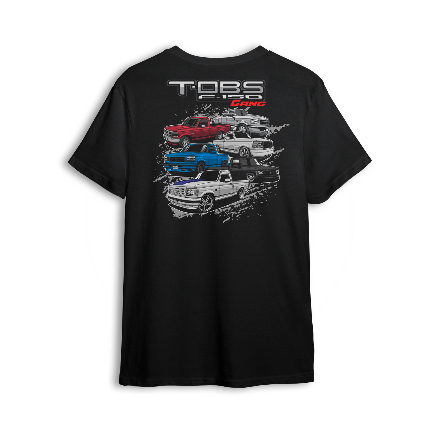 T-shirt featuring five stacked OBS trucks in red, blue, black, silver, and white with TOBS Gang text over grunge background.