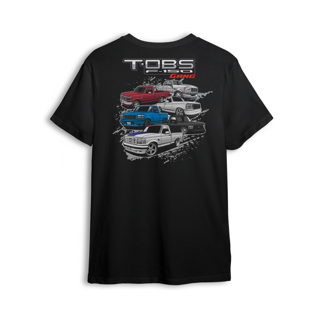 T-shirt featuring five stacked OBS trucks in red, blue, black, silver, and white with TOBS Gang text over grunge background.