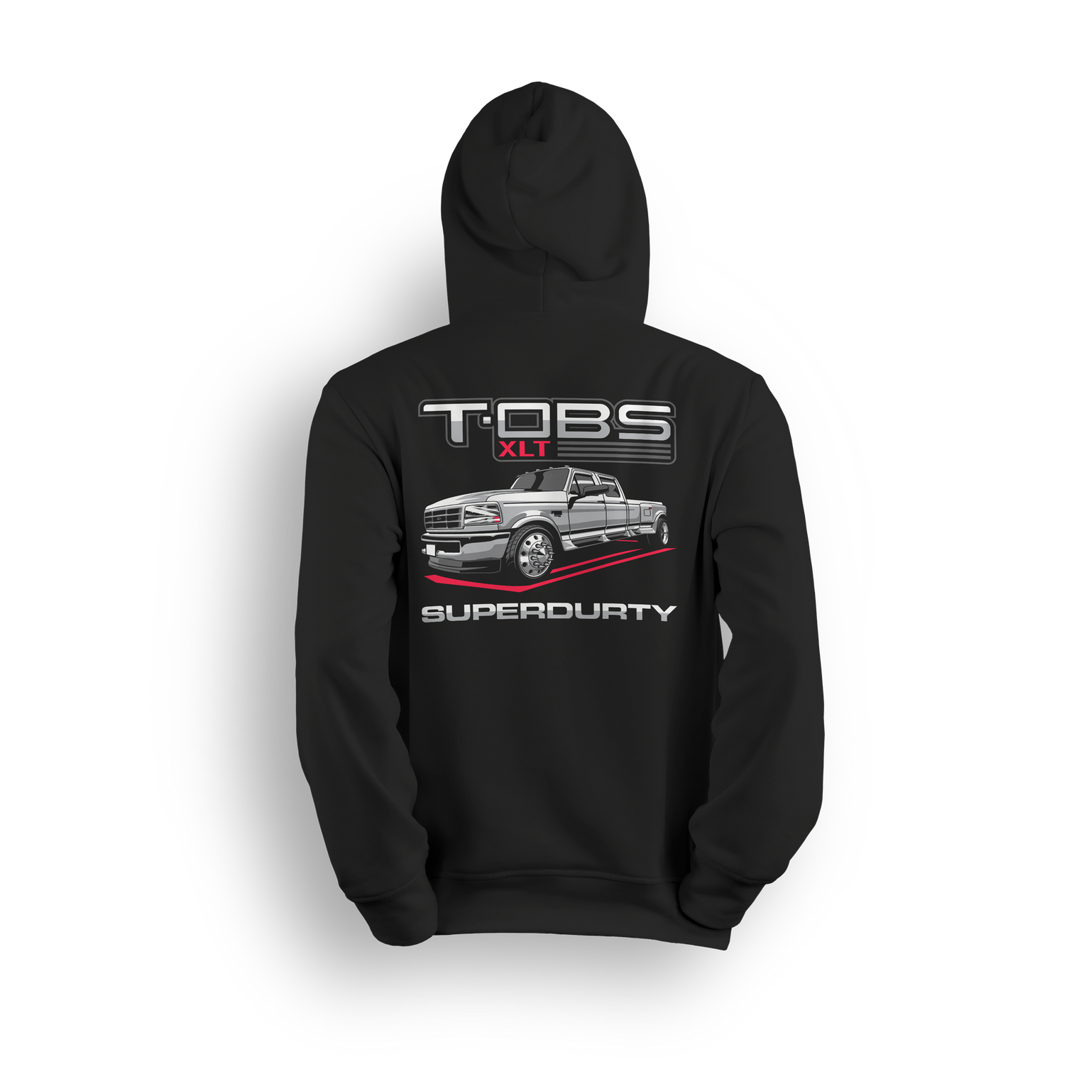 Hoodie featuring a slammed grey OBS Ford dually with TOBS XLT Super Durty text and red swoop detail.