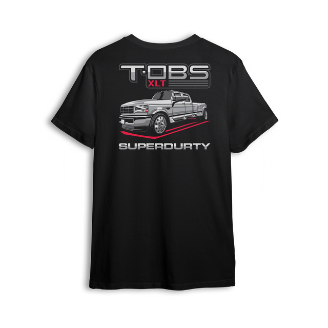 T-shirt featuring a slammed grey OBS Ford dually with TOBS XLT Super Durty text and red swoop detail.