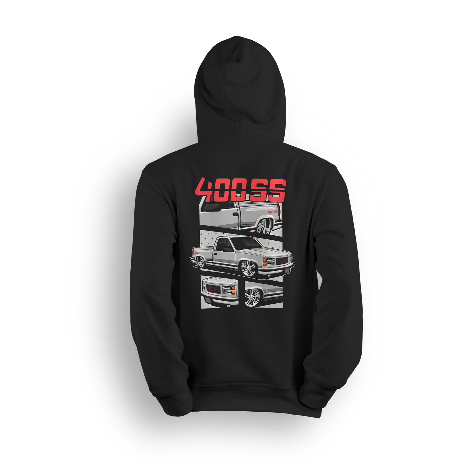 Hoodie showing a slammed silver OBS truck with red 400SS lettering, detailed front end, and close-up wheel view.