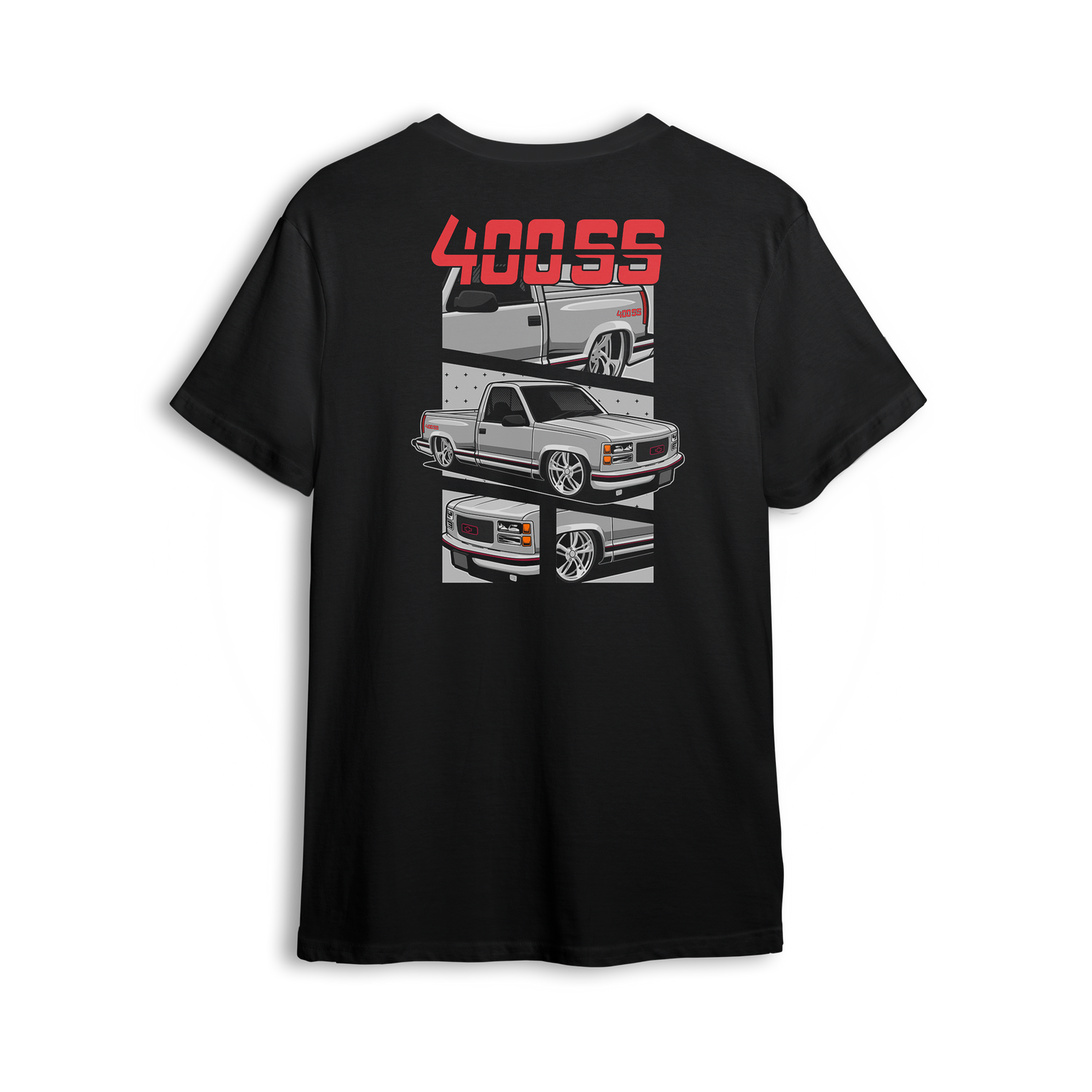 T-shirt showing a slammed silver OBS truck with red 400SS lettering, detailed front end, and close-up wheel view.