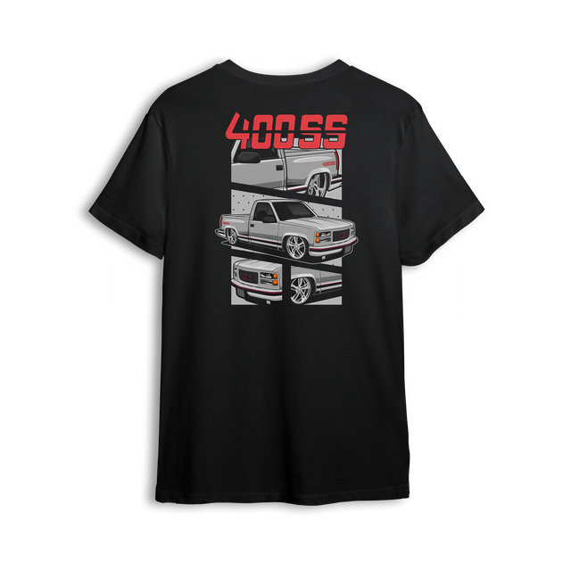 T-shirt showing a slammed silver OBS truck with red 400SS lettering, detailed front end, and close-up wheel view.