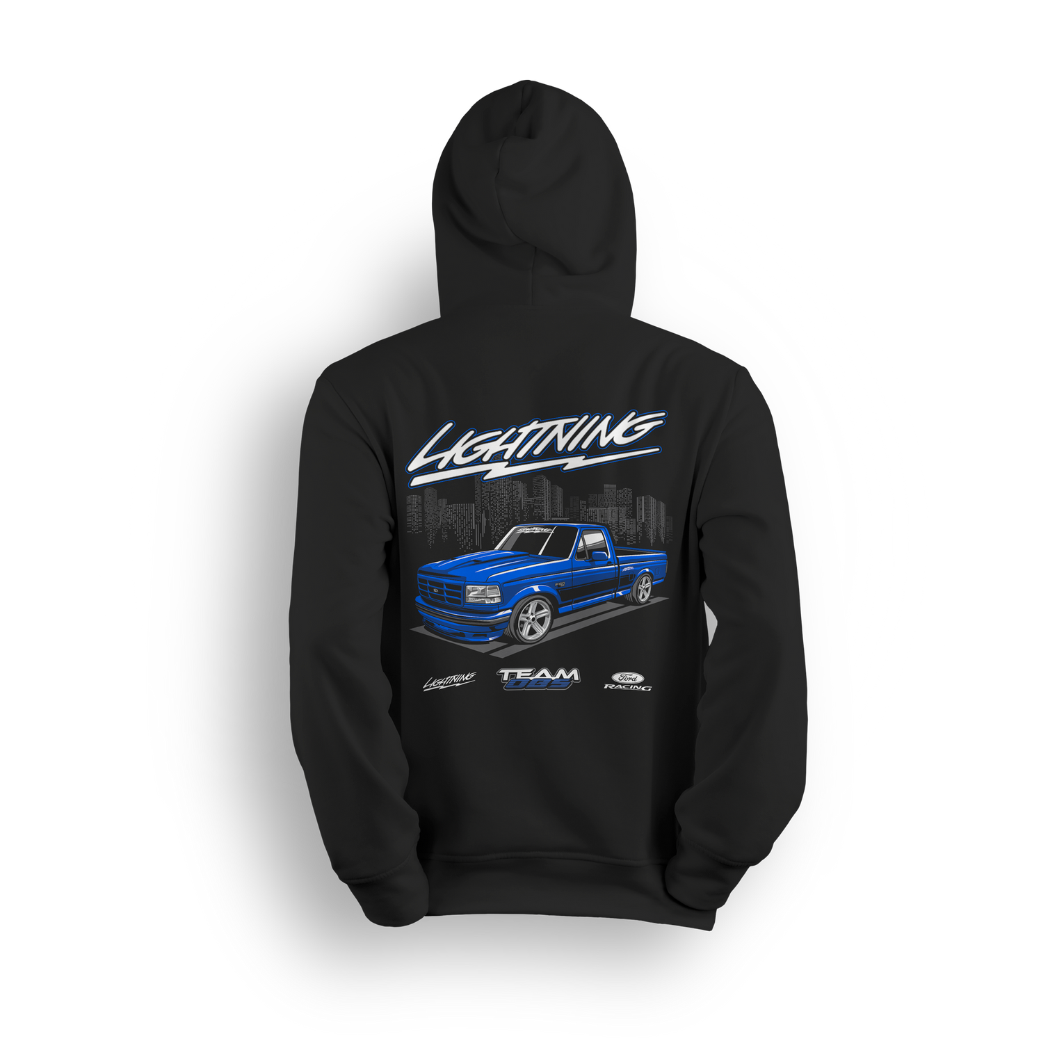 Hoodie featuring a slammed blue Ford Lightning truck over a city skyline with stylized Lightning script and lowered stance.