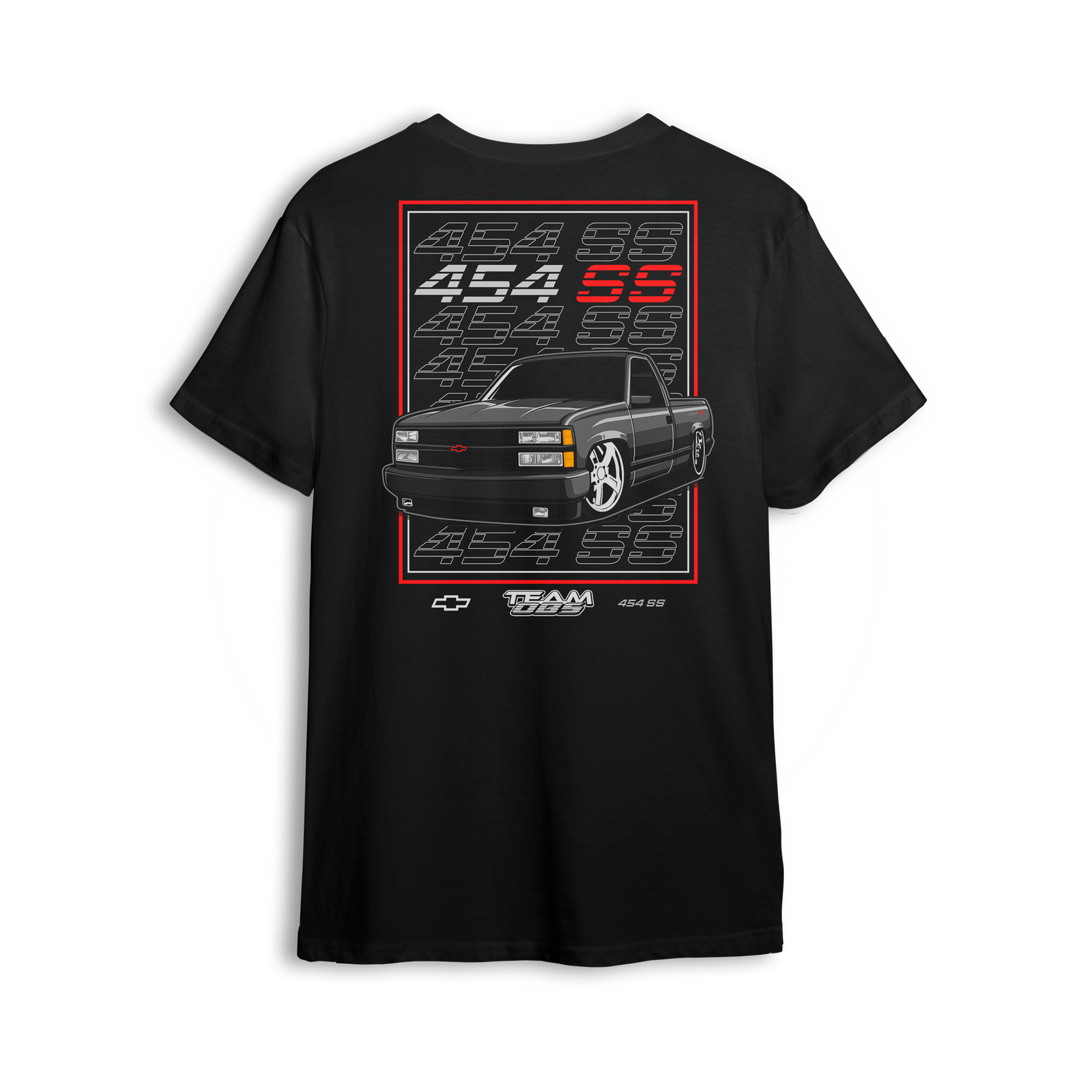 T-shirt featuring a black OBS 454SS truck with red-framed graphic and repeating 454 SS text in background.