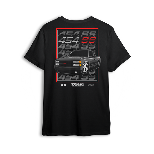 T-shirt featuring a black OBS 454SS truck with red-framed graphic and repeating 454 SS text in background.