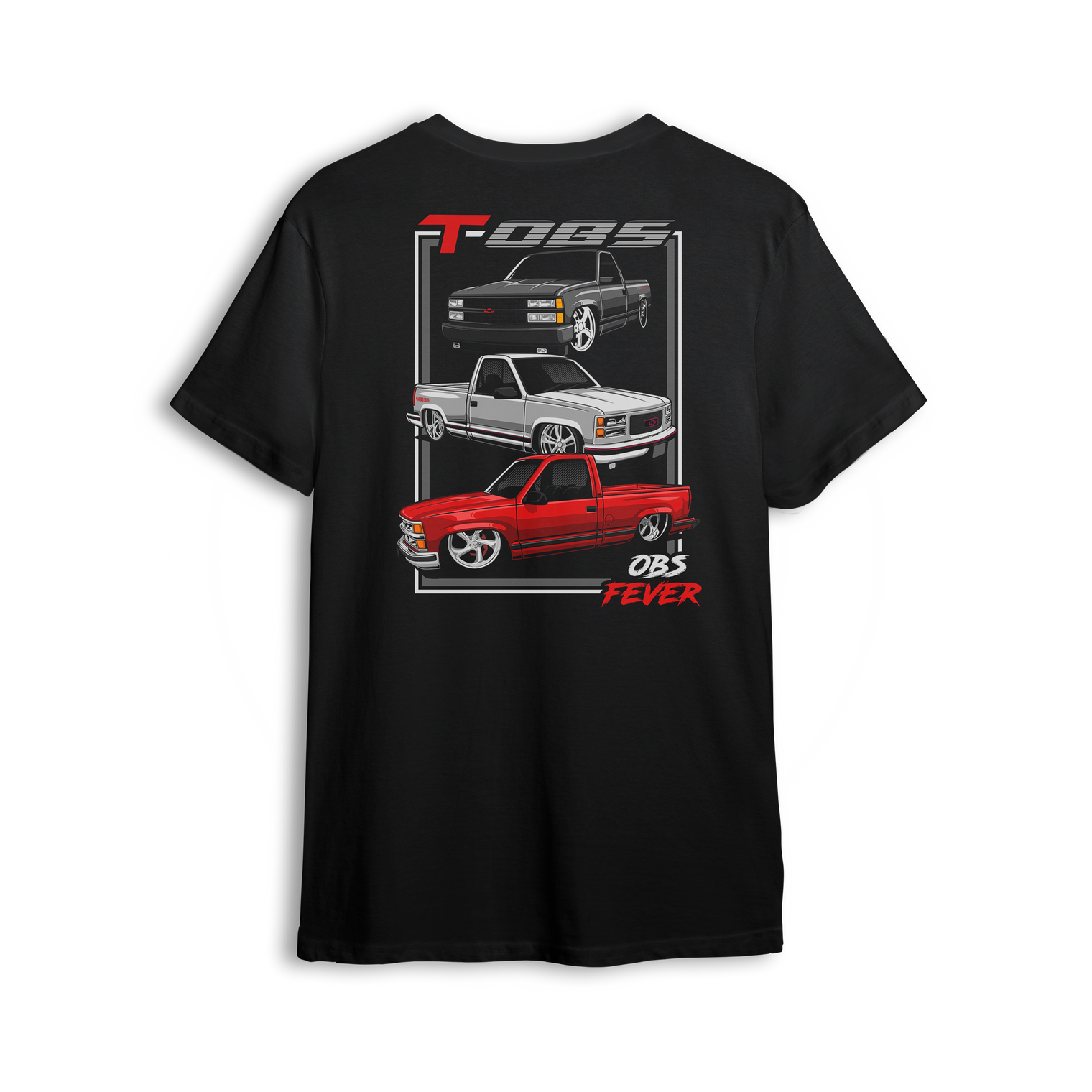 T-shirt showing three OBS trucks in black, silver, and red stacked vertically with TOBS text and OBS Fever script.