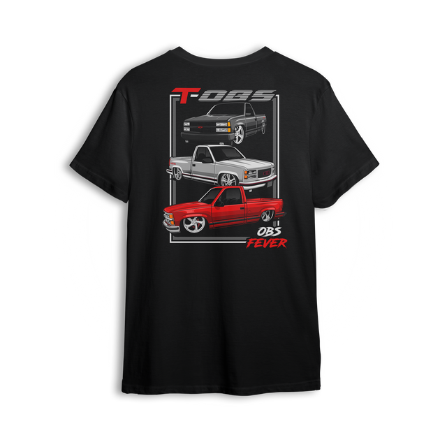 T-shirt showing three OBS trucks in black, silver, and red stacked vertically with TOBS text and OBS Fever script.