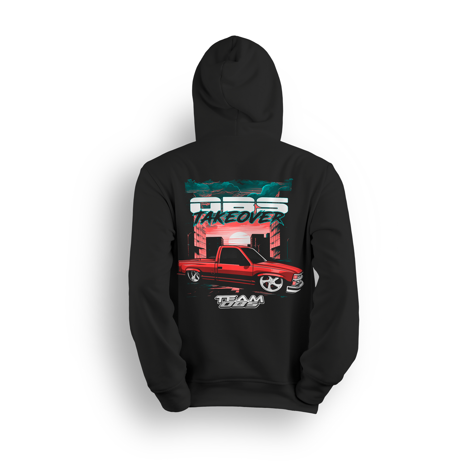 Hoodie showing a red OBS truck in front of a neon skyline with teal and pink sunset and OBS Takeover text above.