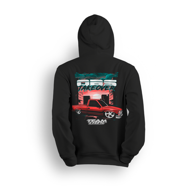 Hoodie showing a red OBS truck in front of a neon skyline with teal and pink sunset and OBS Takeover text above.