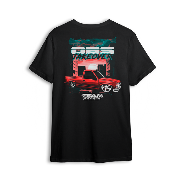 T-shirt showing a red OBS truck in front of a neon skyline with teal and pink sunset and OBS Takeover text above.