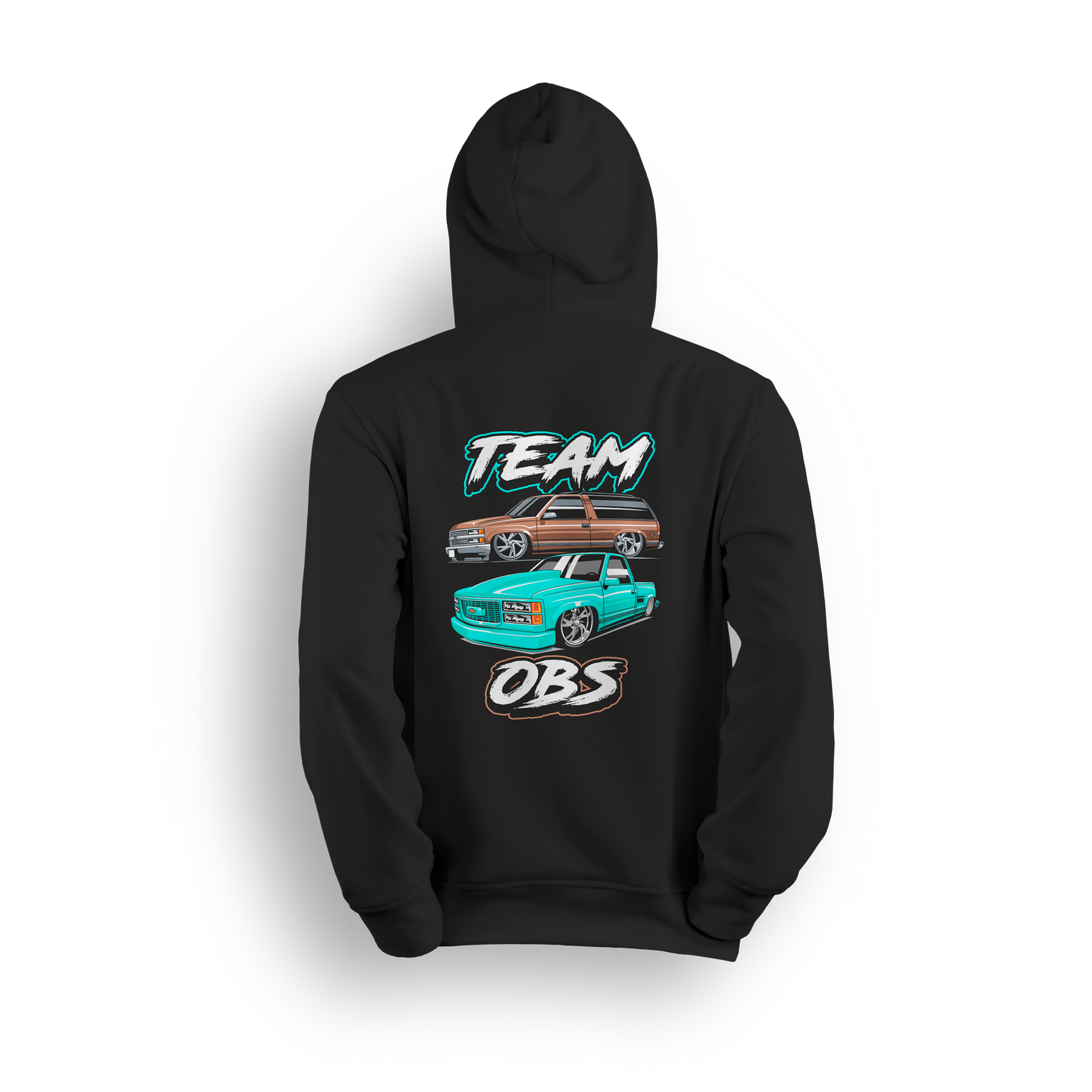Hoodie featuring a brown OBS Tahoe and teal single cab truck stacked vertically with Team OBS text in bold teal and white.