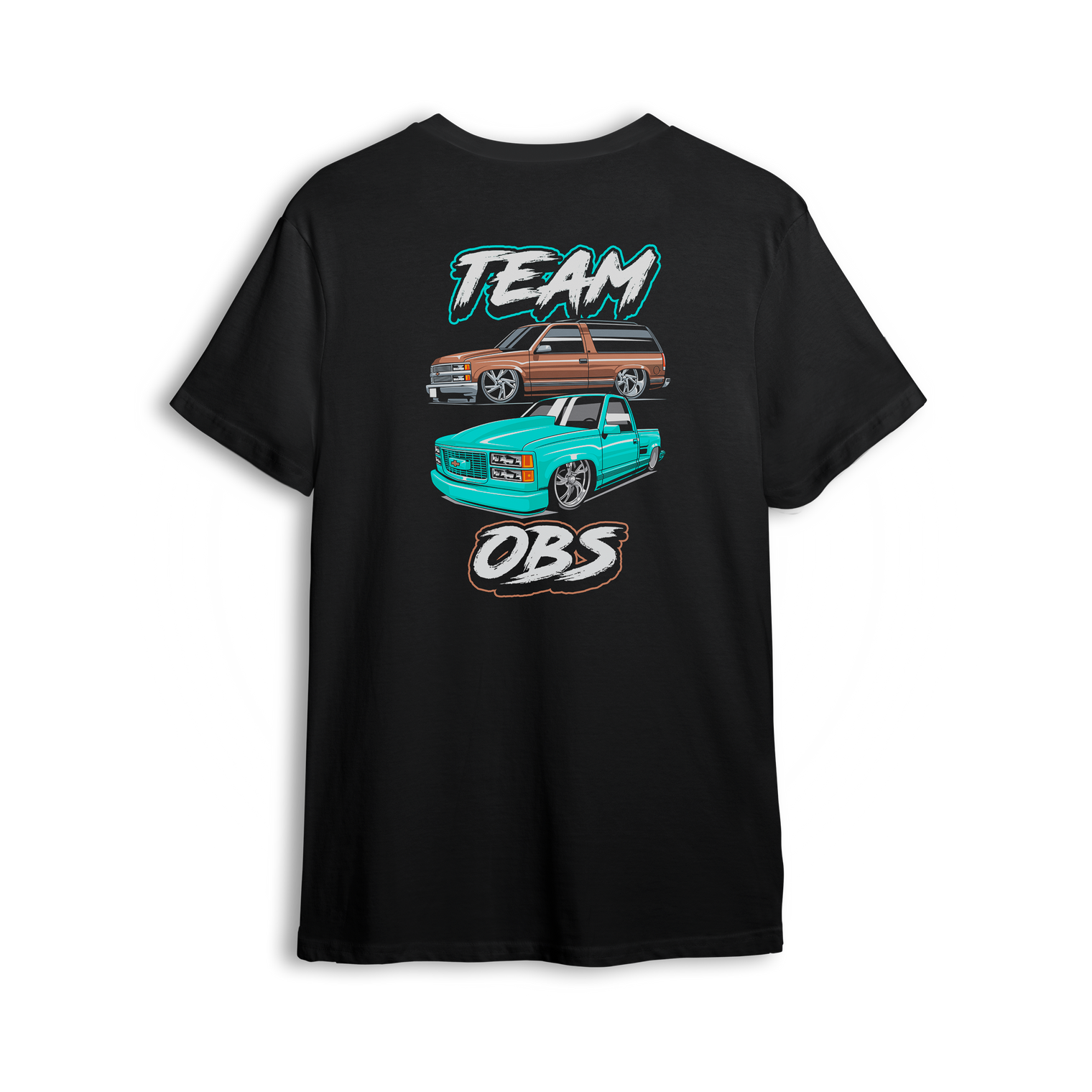 T-shirt featuring a brown OBS Tahoe and teal single cab truck stacked vertically with Team OBS text in bold teal and white.