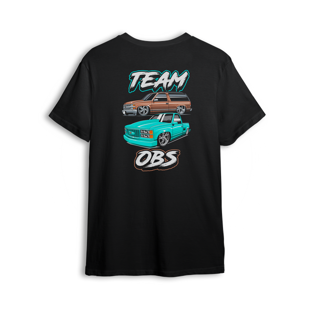 T-shirt featuring a brown OBS Tahoe and teal single cab truck stacked vertically with Team OBS text in bold teal and white.
