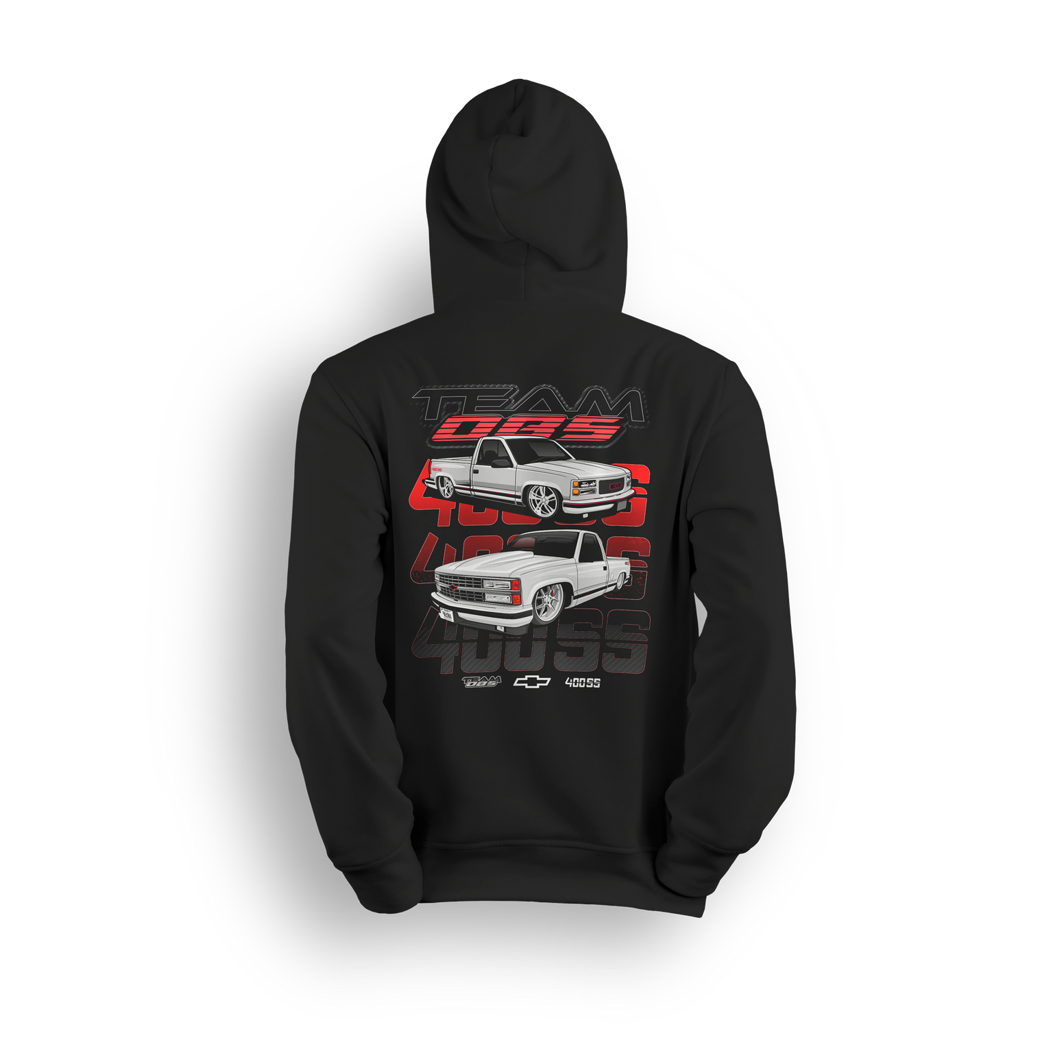 Hoodie featuring two slammed white OBS 400 trucks stacked over red and grey 400SS text with Team OBS branding.