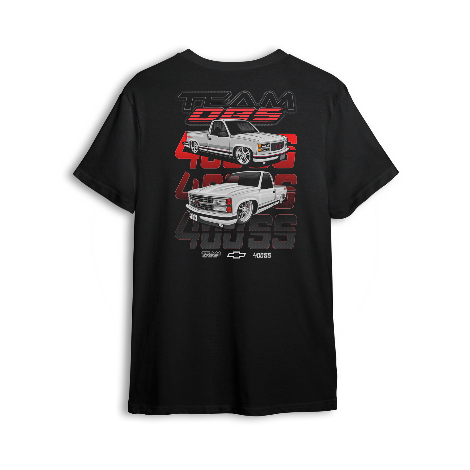 T-shirt featuring two slammed white OBS 400 trucks stacked over red and grey 400SS text with Team OBS branding.