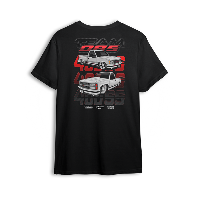 T-shirt featuring two slammed white OBS 400 trucks stacked over red and grey 400SS text with Team OBS branding.