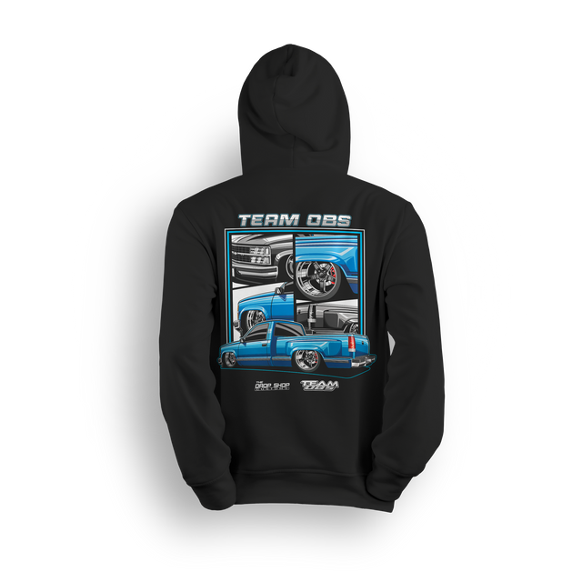 Hoodie featuring a blue OBS truck shown from multiple angles in panel layout from The Drop Shop x Team OBS collaboration.