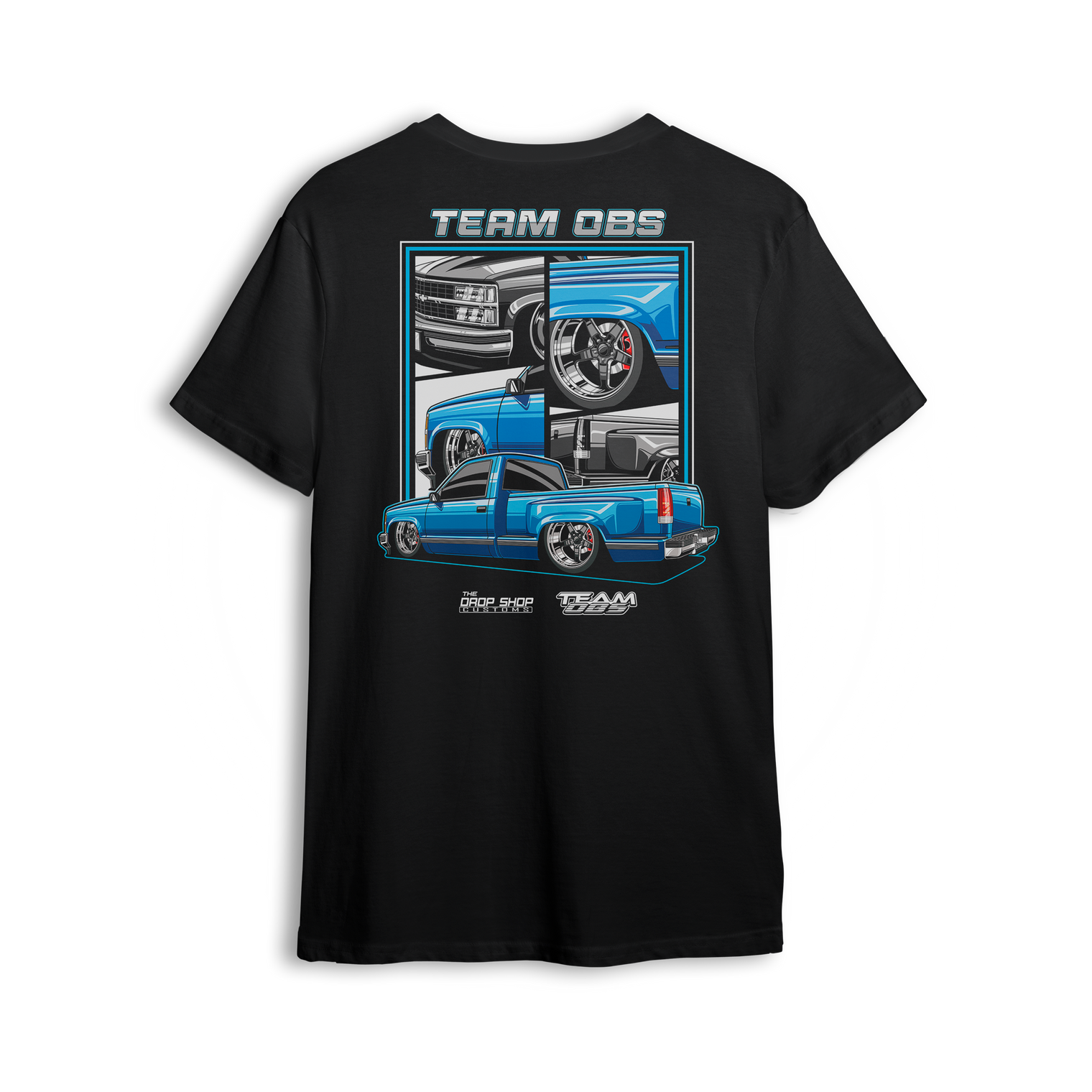 T-shirt featuring a blue OBS truck shown from multiple angles in panel layout from The Drop Shop x Team OBS collaboration.