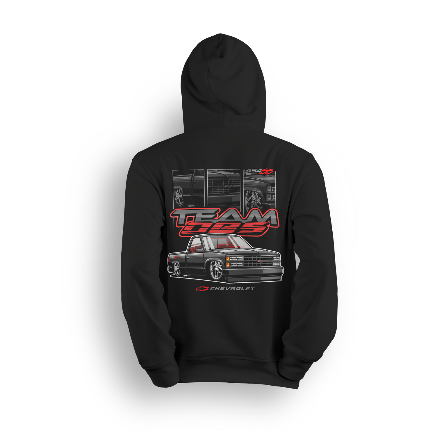 Hoodie featuring black 454SS truck with red trim, Team OBS lettering, and detailed close-up panels of front, side, and wheels.