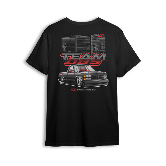 T-shirt featuring black 454SS truck with red trim, Team OBS lettering, and detailed close-up panels of front, side, and wheels.