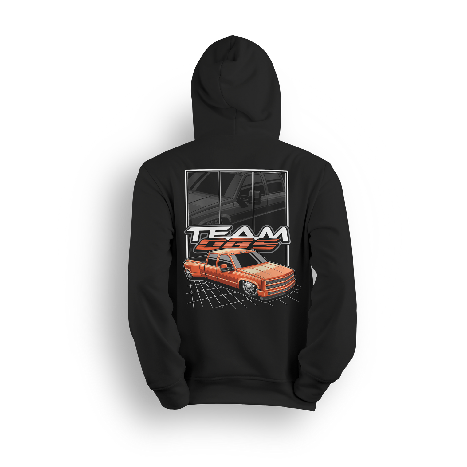 Hoodie featuring a bright orange OBS extended cab truck on digital grid background with grayscale reflection and Team OBS text.