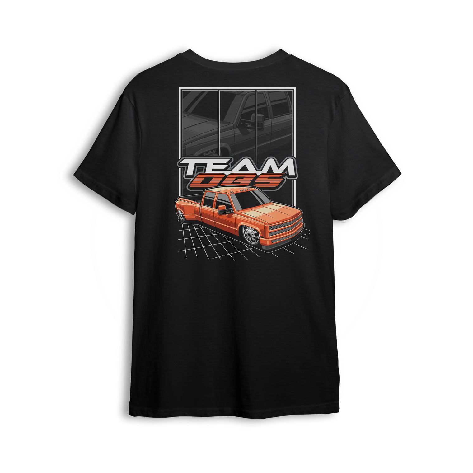 T-shirt featuring a bright orange OBS extended cab truck on digital grid background with grayscale reflection and Team OBS text.