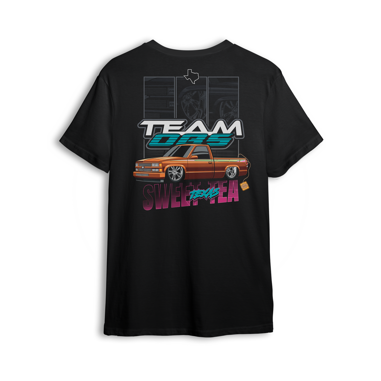 T-shirt featuring a copper OBS crew cab truck with Team OBS and Texas Sweet Tea lettering, close-up detail panels, and tea tag graphic.