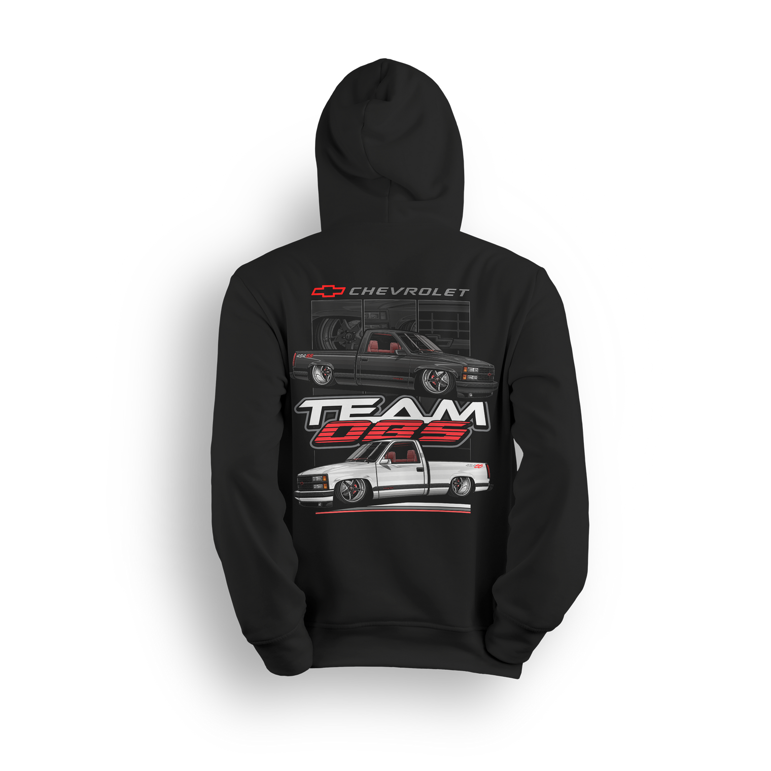 Hoodie with black and white OBS trucks in stacked layout, red 454SS styling, and bold Team OBS and Chevrolet branding.