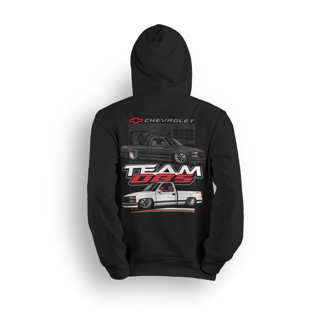 Hoodie with black and white OBS trucks in stacked layout, red 454SS styling, and bold Team OBS and Chevrolet branding.