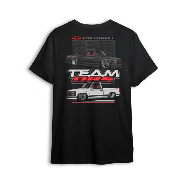 T-shirt with black and white OBS trucks in stacked layout, red 454SS styling, and bold Team OBS and Chevrolet branding.