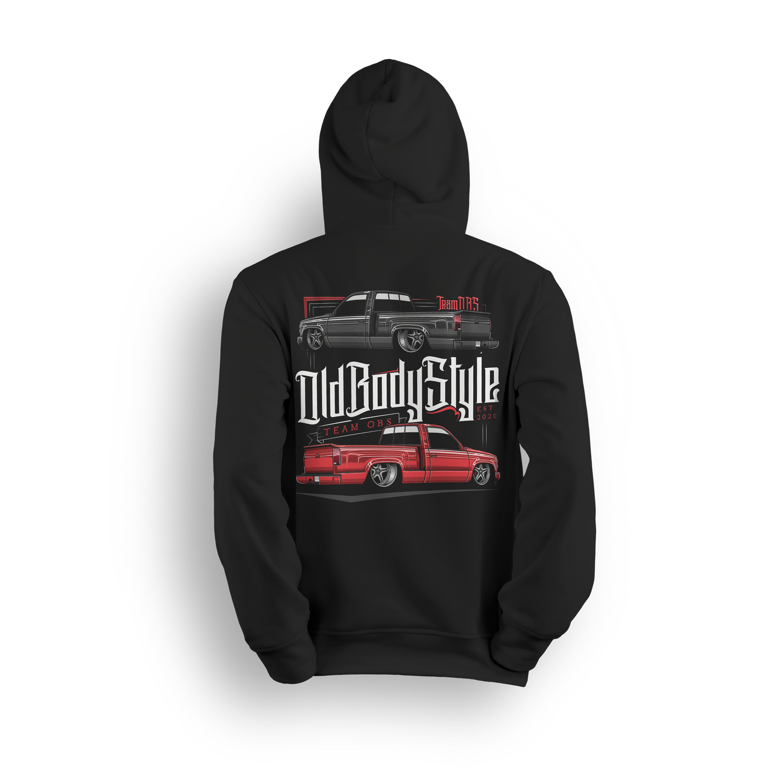Hoodie with red and black OBS long bed trucks, bold Old Body Style text, and detailed Team OBS graphic.