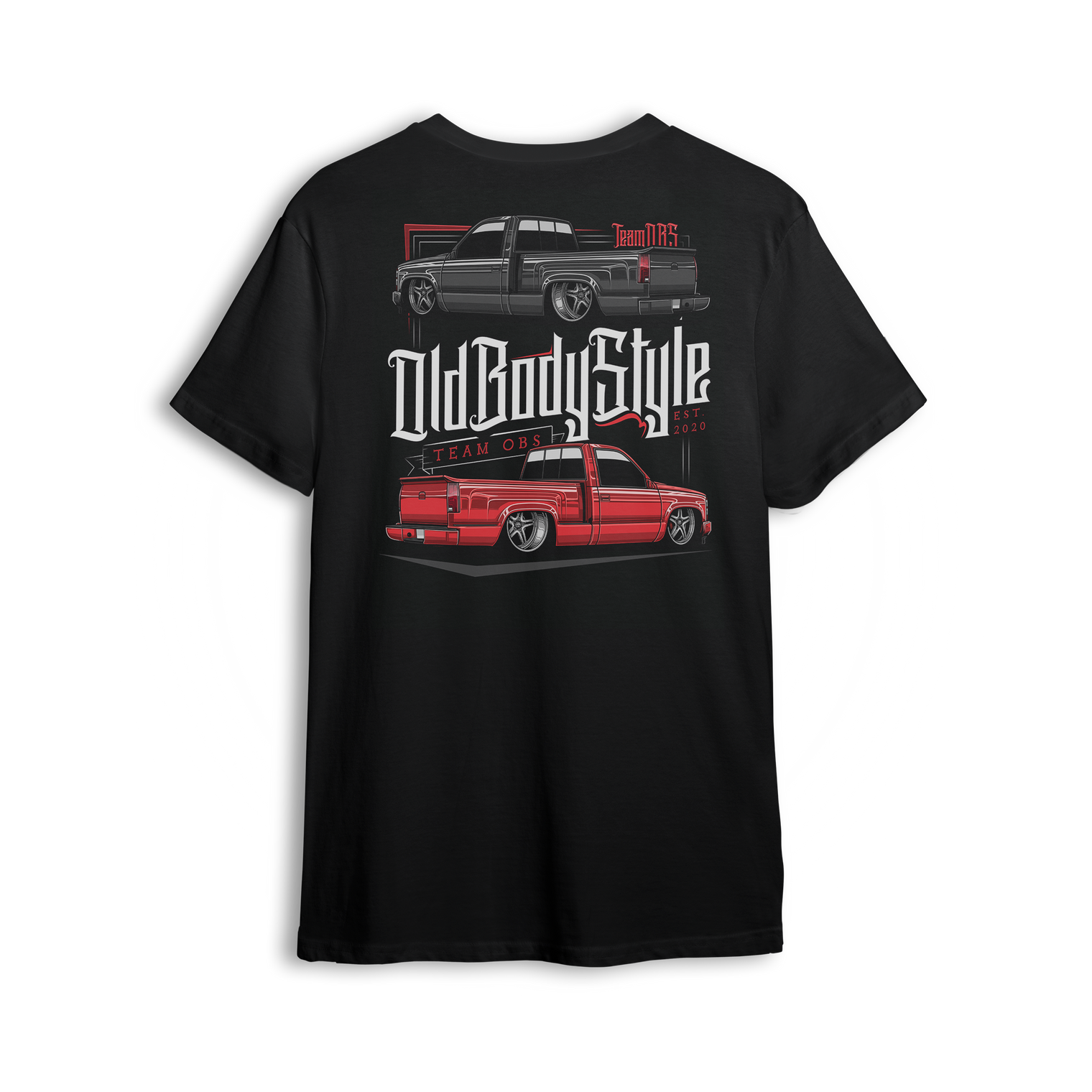 T-shirt with red and black OBS long bed trucks, bold Old Body Style text, and detailed Team OBS graphic.