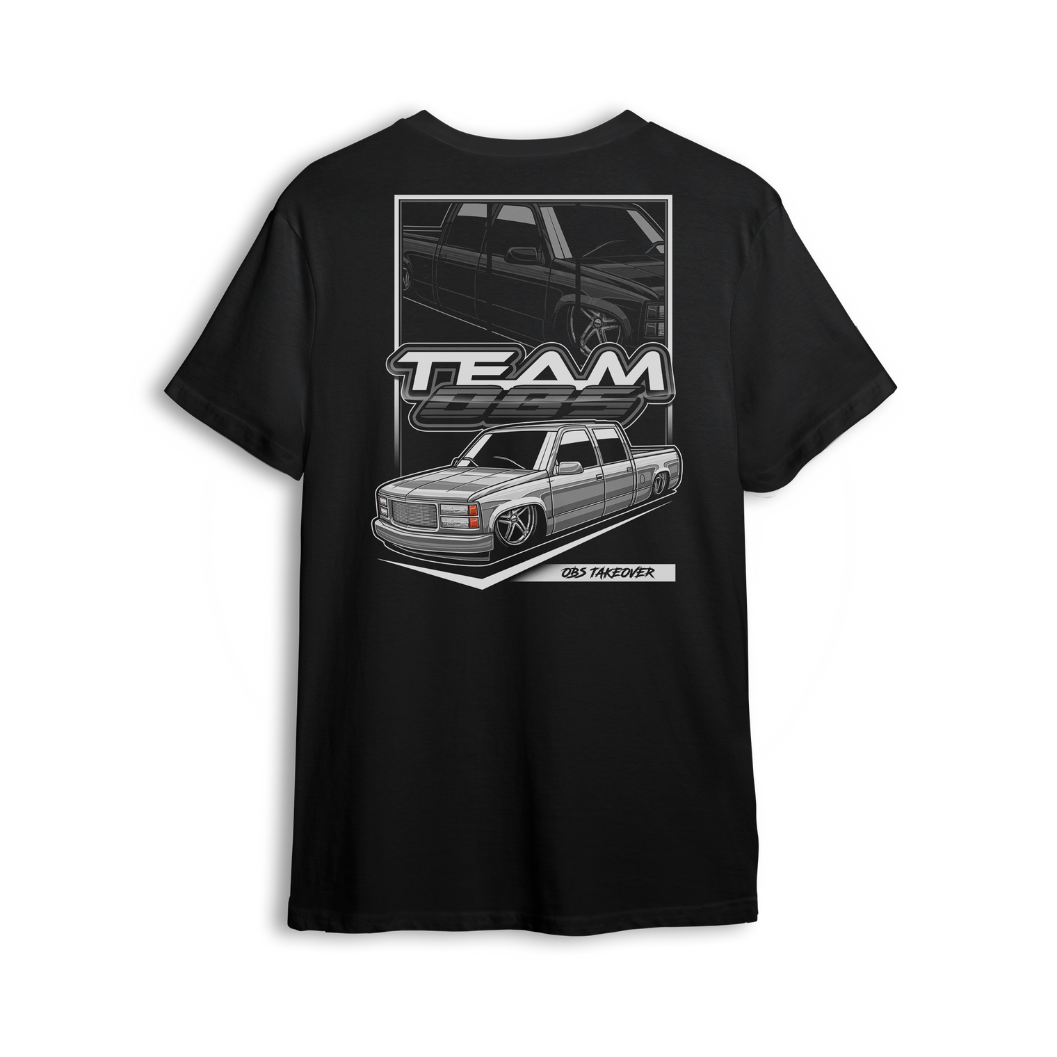 Tuck N Roll t-shirt featuring white OBS truck with tucked wheels and custom stance. A clean nod to the real drop scene.