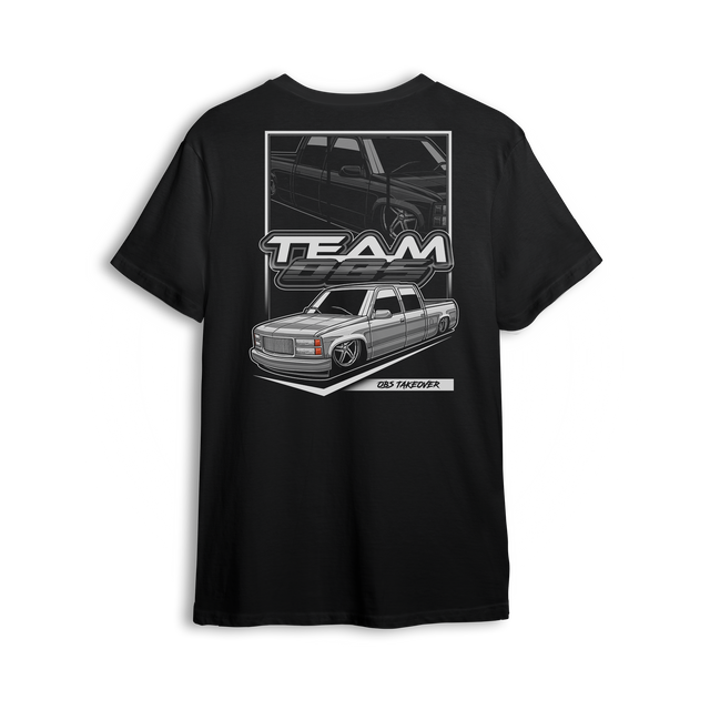 Tuck N Roll t-shirt featuring white OBS truck with tucked wheels and custom stance. A clean nod to the real drop scene.
