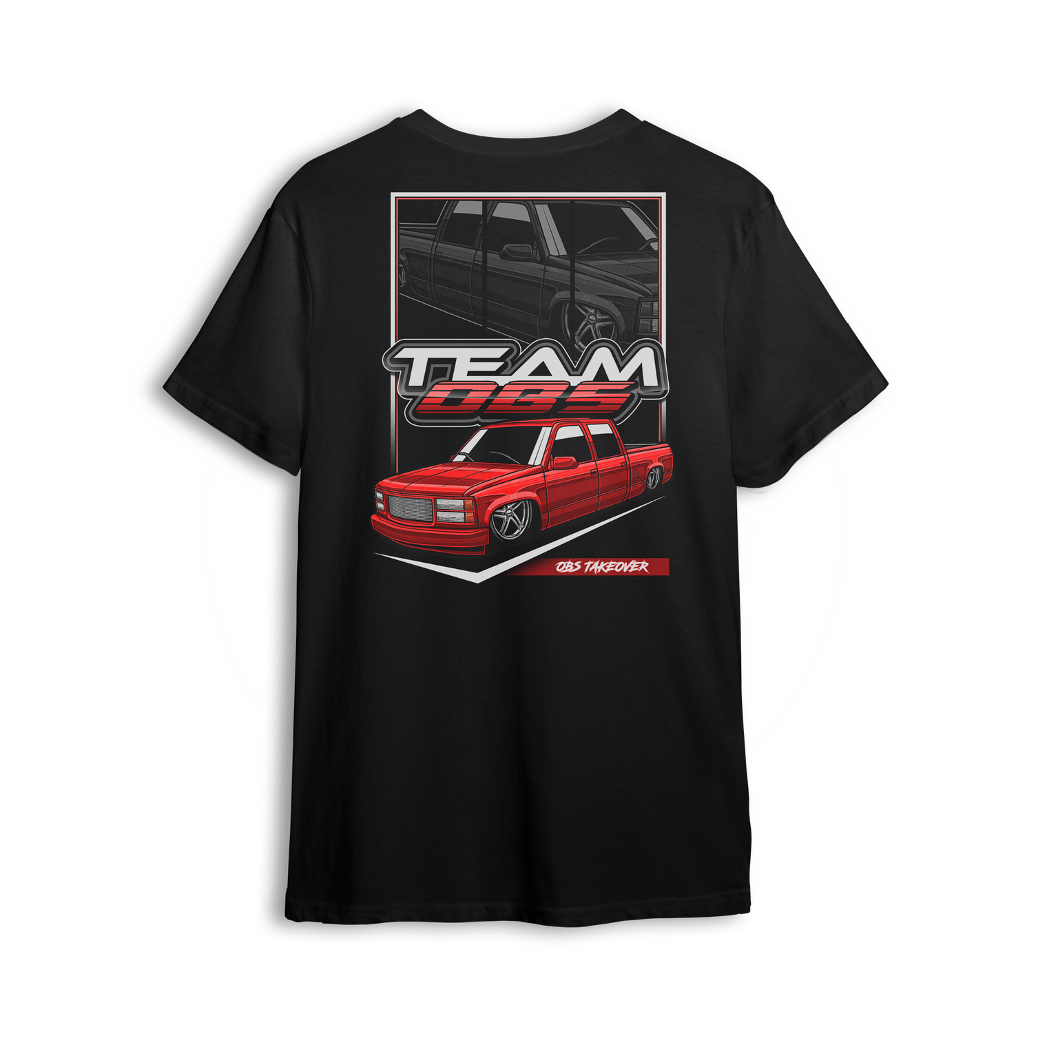 Tuck N Roll t-shirt featuring red OBS truck with tucked wheels and custom stance. A clean nod to the real drop scene.