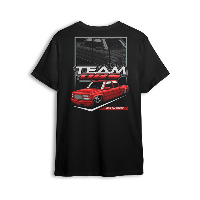 Tuck N Roll t-shirt featuring red OBS truck with tucked wheels and custom stance. A clean nod to the real drop scene.