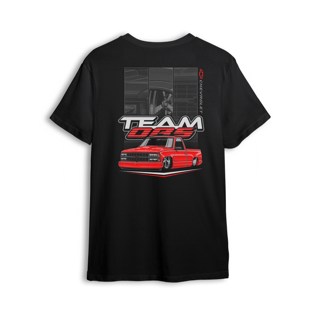 Black OBS Legend t-shirt from TeamOBSOFFICIAL.com featuring red slammed Chevy truck and garage sketch background