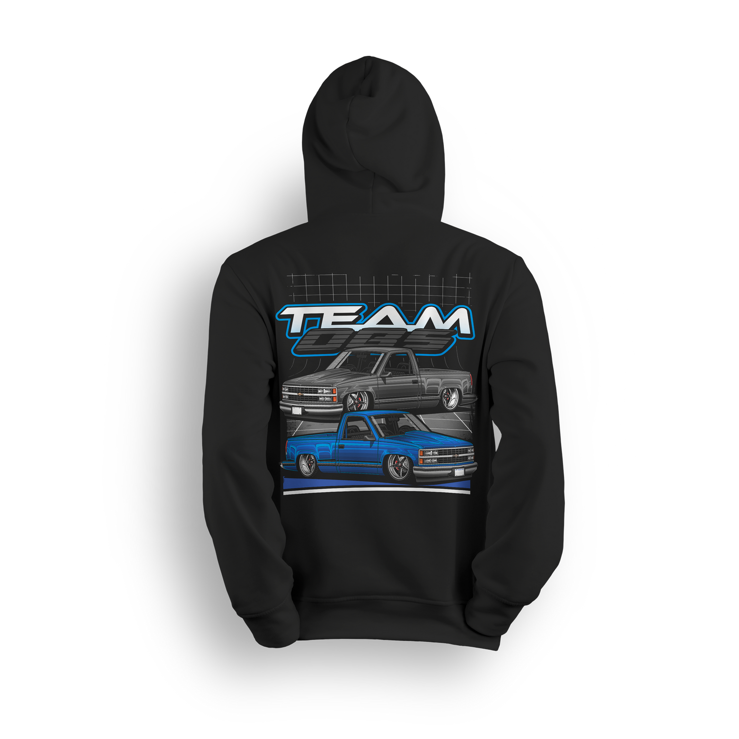 Black hoodie featuring a slammed OBS truck design from The Drop Shop x Team OBS collab